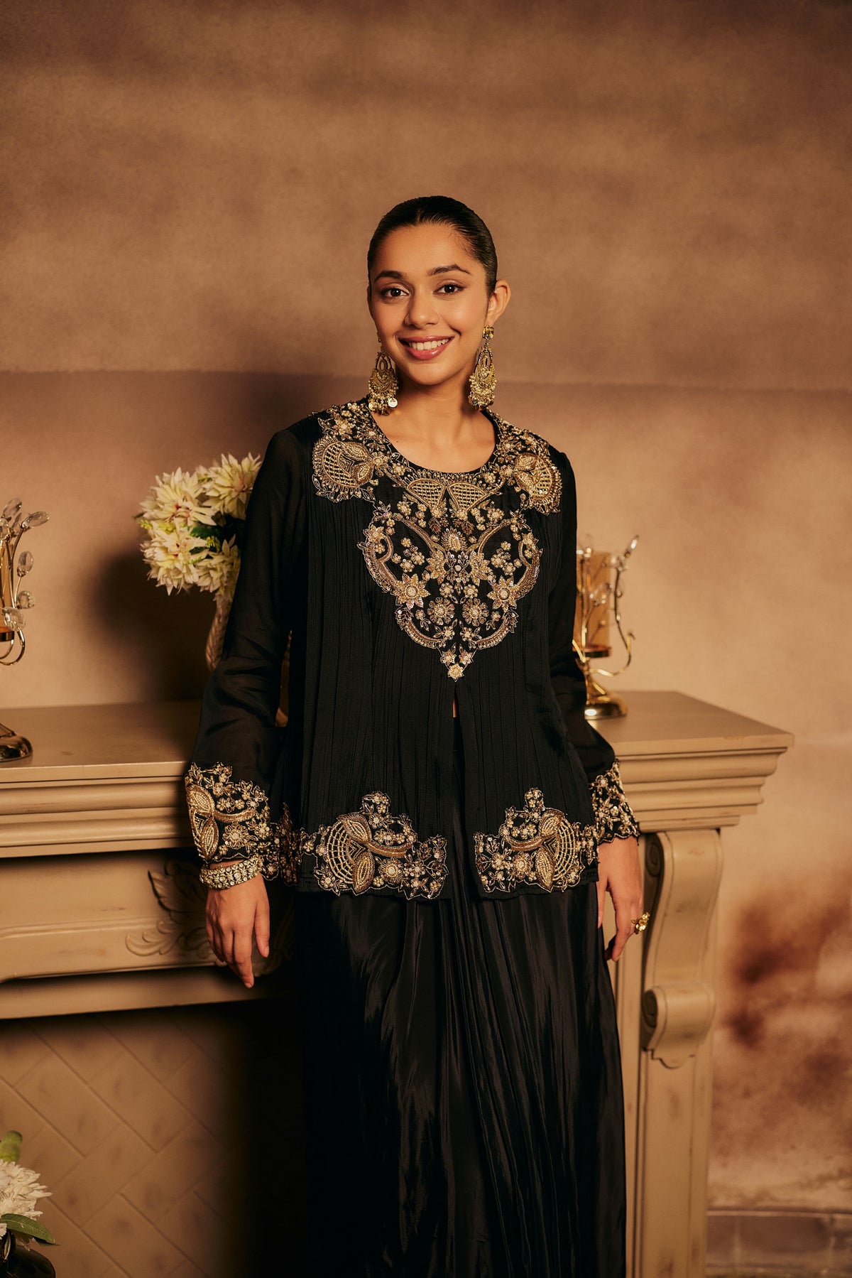 Black Onyx Embellished Georgette Silk Skirt Set