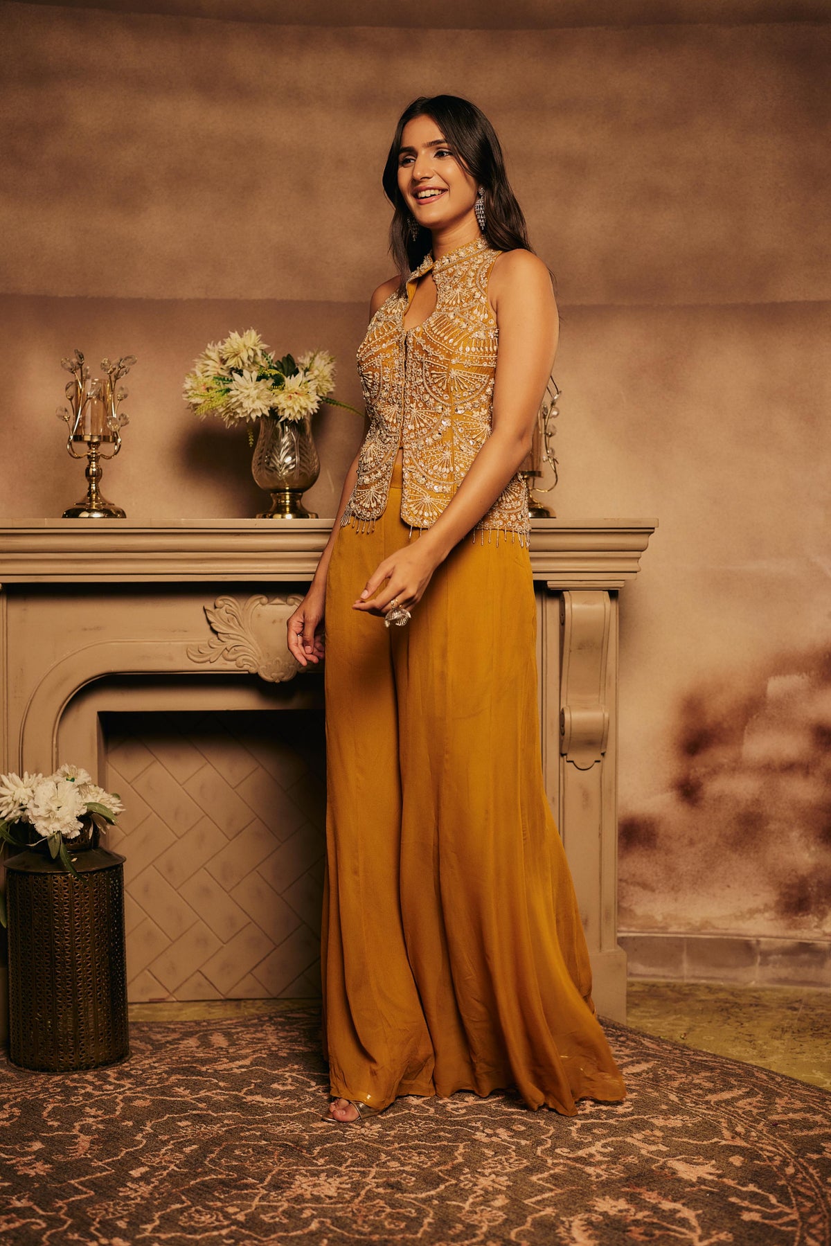 Turmeric Yellow Embellished Georgette Silk Palazzo Set