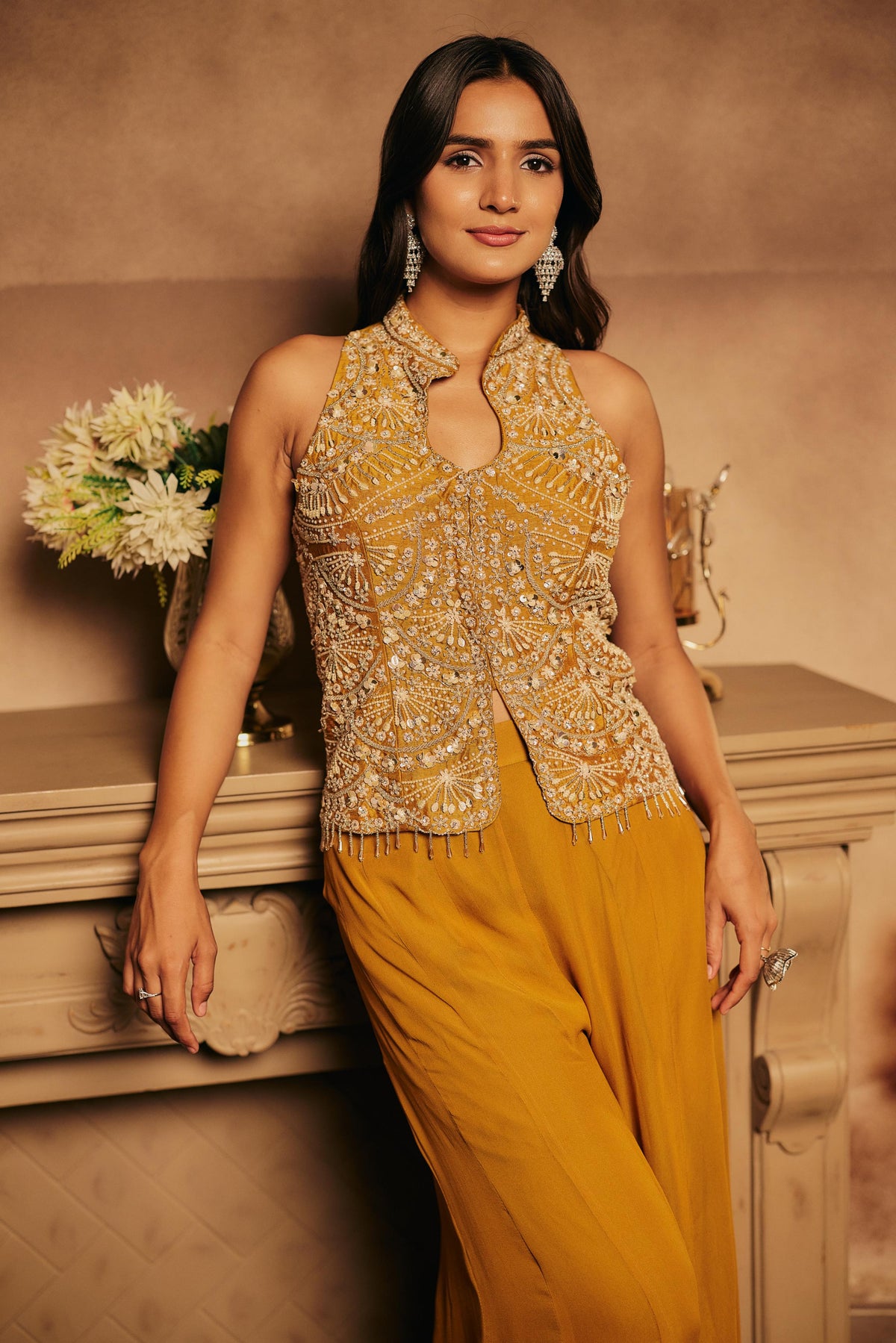 Turmeric Yellow Embellished Georgette Silk Palazzo Set