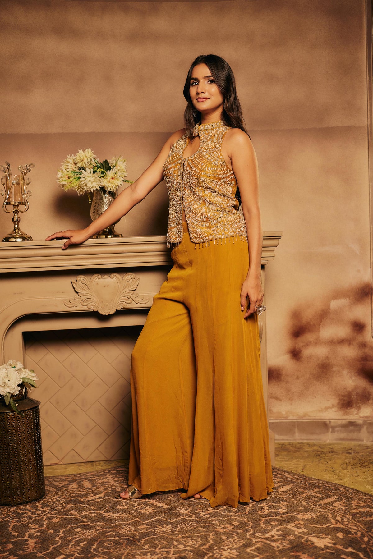 Turmeric Yellow Embellished Georgette Silk Palazzo Set