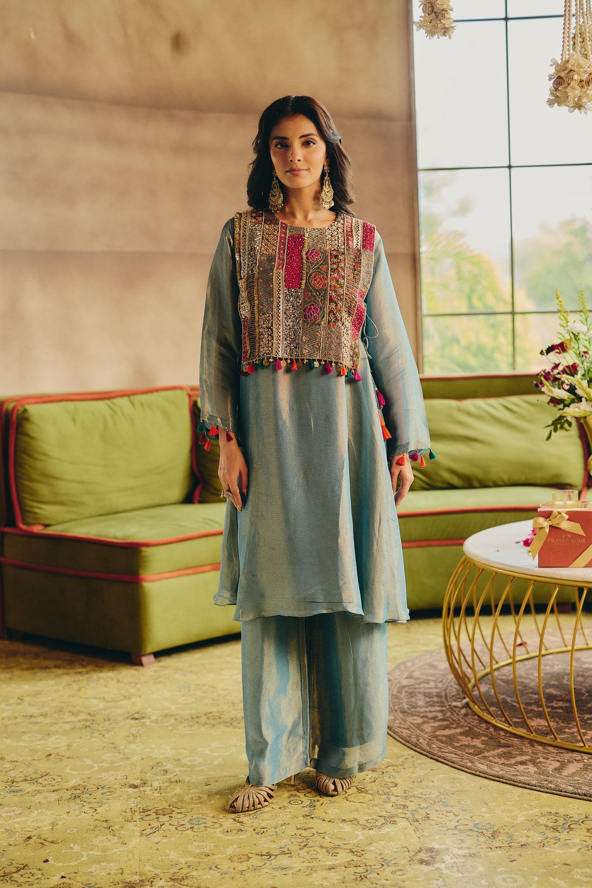 Ice Blue Embellished Shimmer Tissue Silk Pant Set