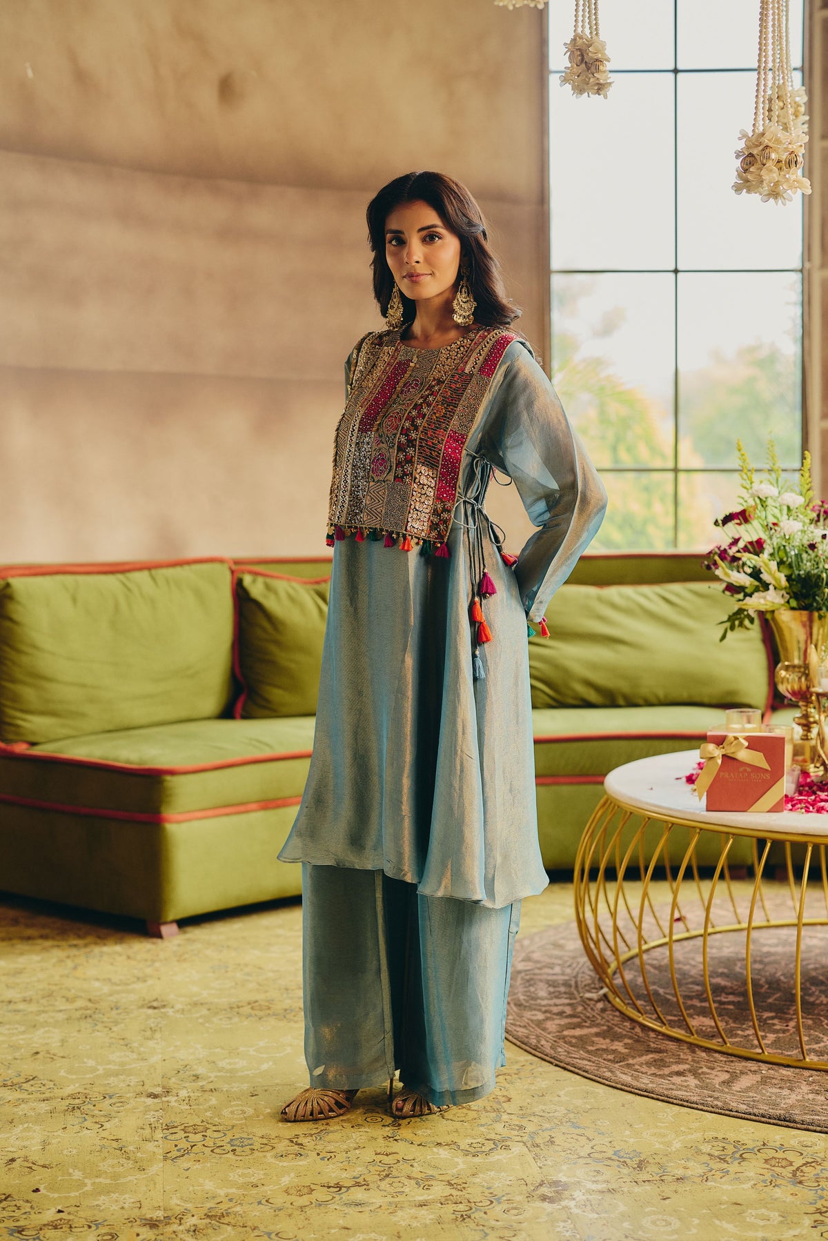 Ice Blue Embellished Shimmer Tissue Silk Pant Set