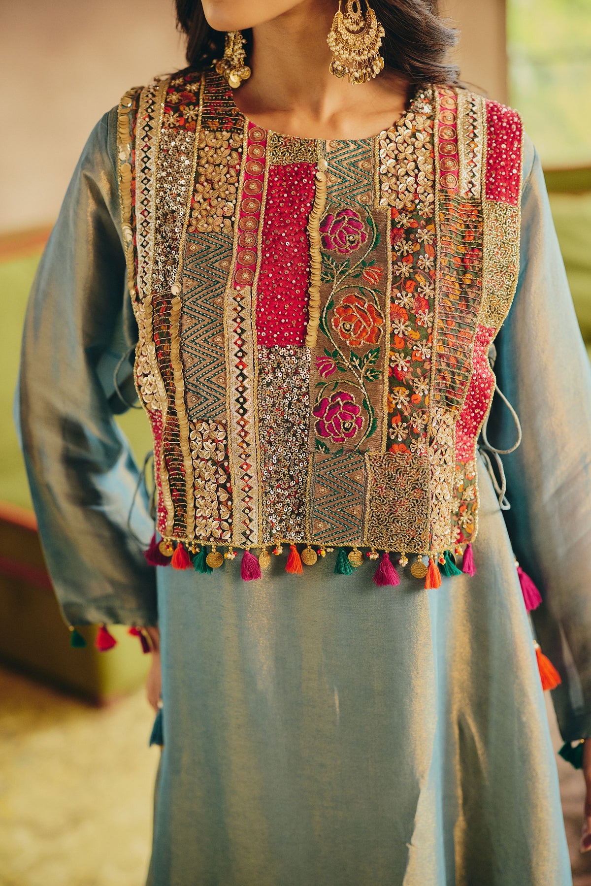 Ice Blue Embellished Shimmer Tissue Silk Pant Set