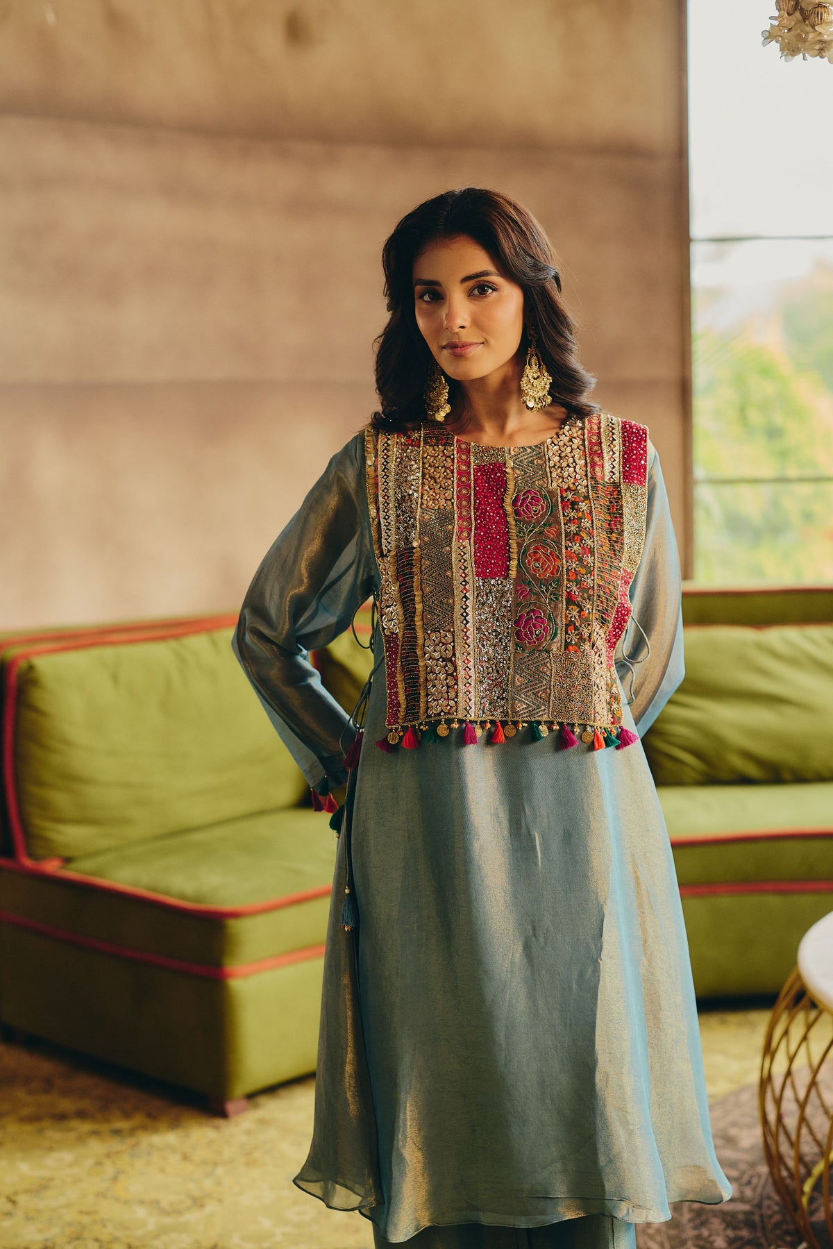Ice Blue Embellished Shimmer Tissue Silk Pant Set