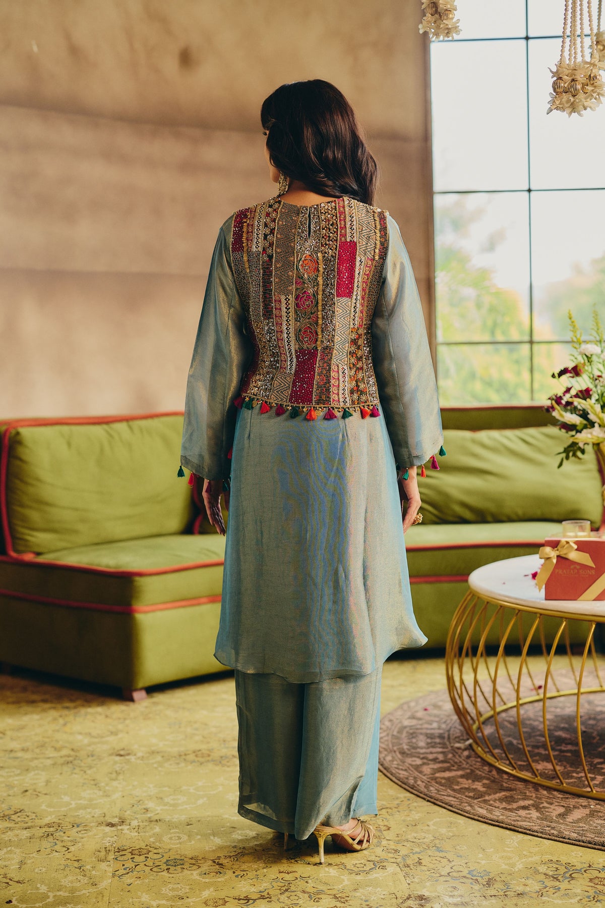 Ice Blue Embellished Shimmer Tissue Silk Pant Set