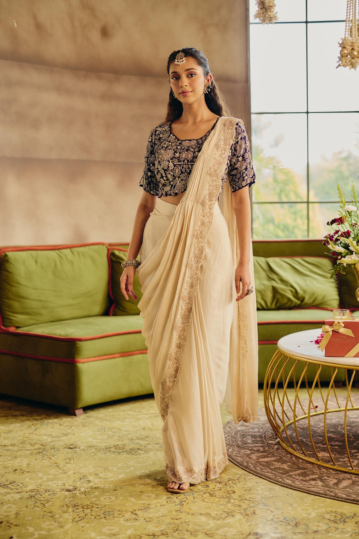 Cream Ivory & Royal Purple Embellished Chinon Silk Saree