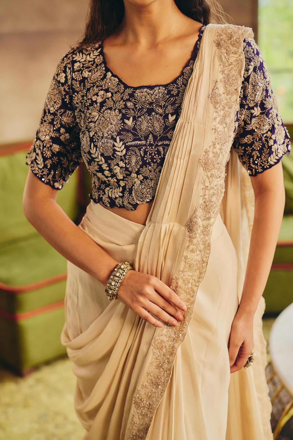 Cream Ivory & Royal Purple Embellished Chinon Silk Saree