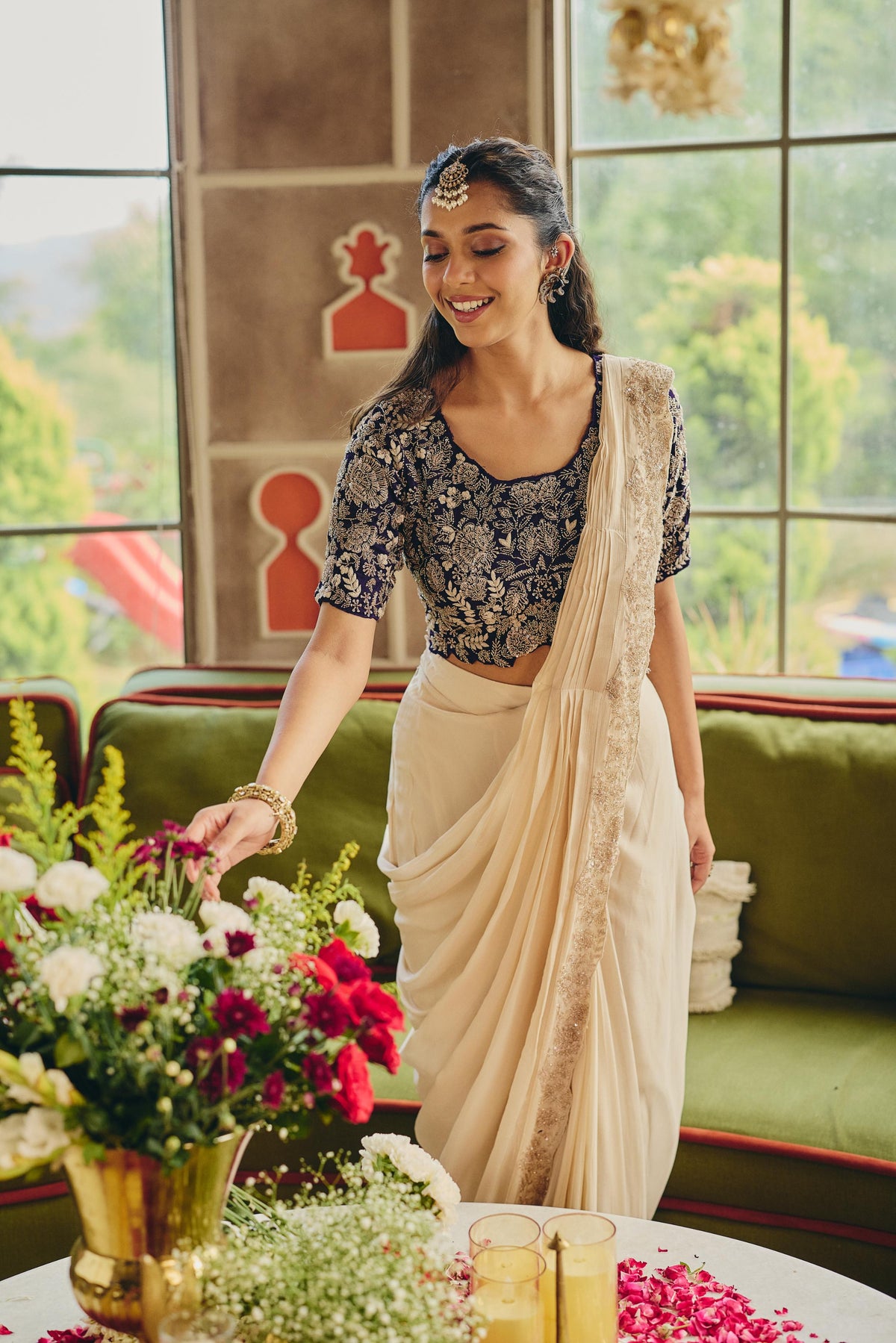 Cream Ivory & Royal Purple Embellished Chinon Silk Saree