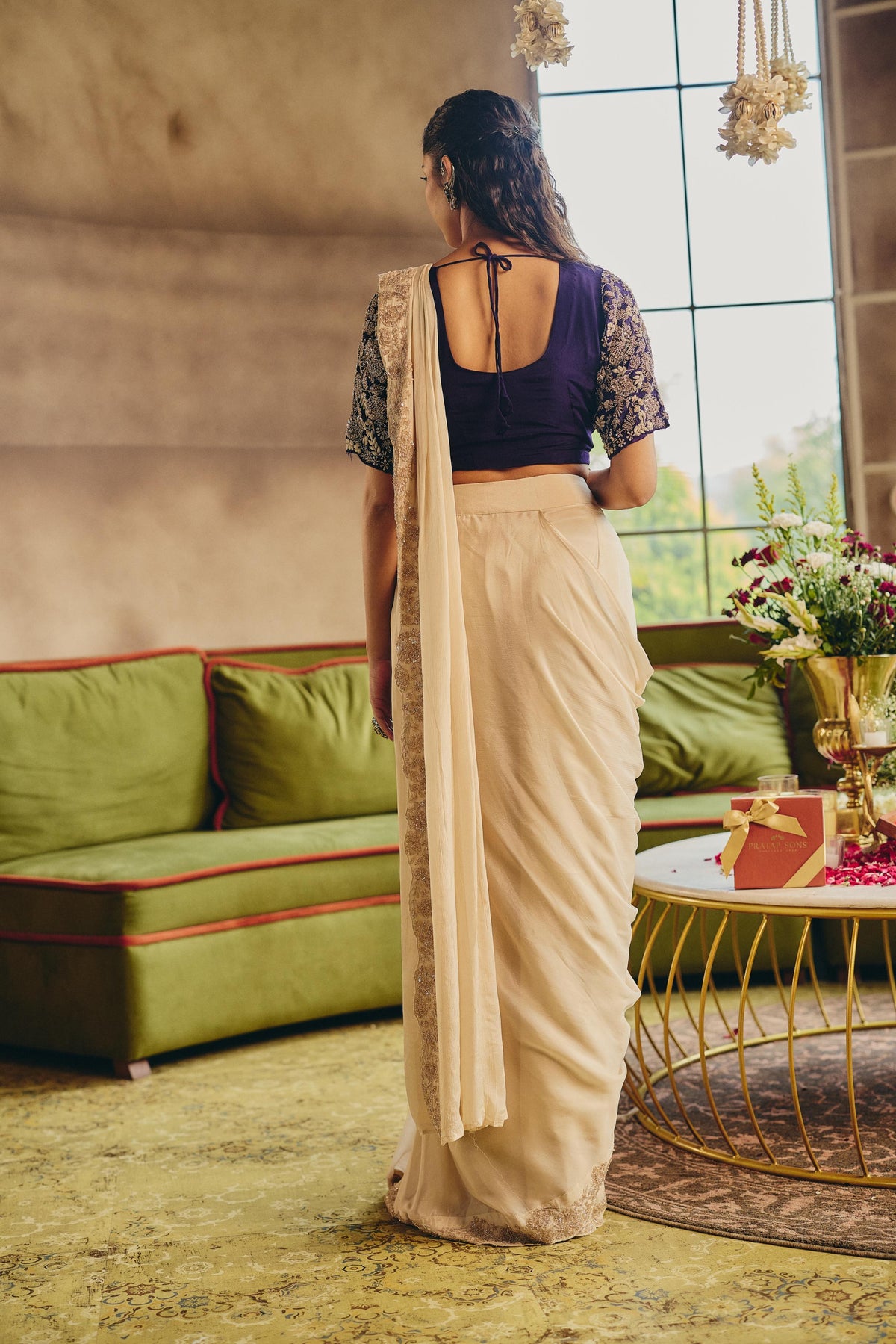 Cream Ivory & Royal Purple Embellished Chinon Silk Saree