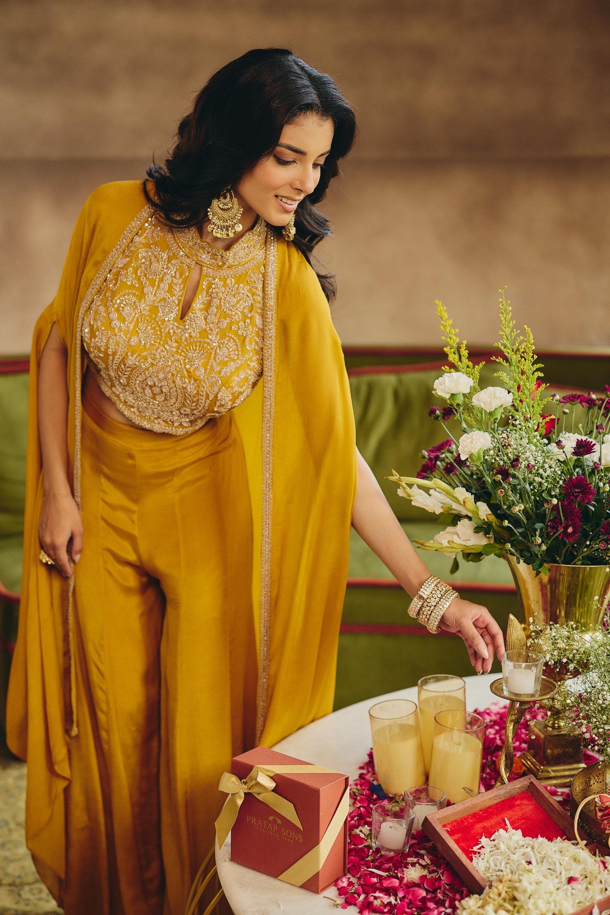 Mustard Yellow Embellished Chinon Silk Palazzo Set