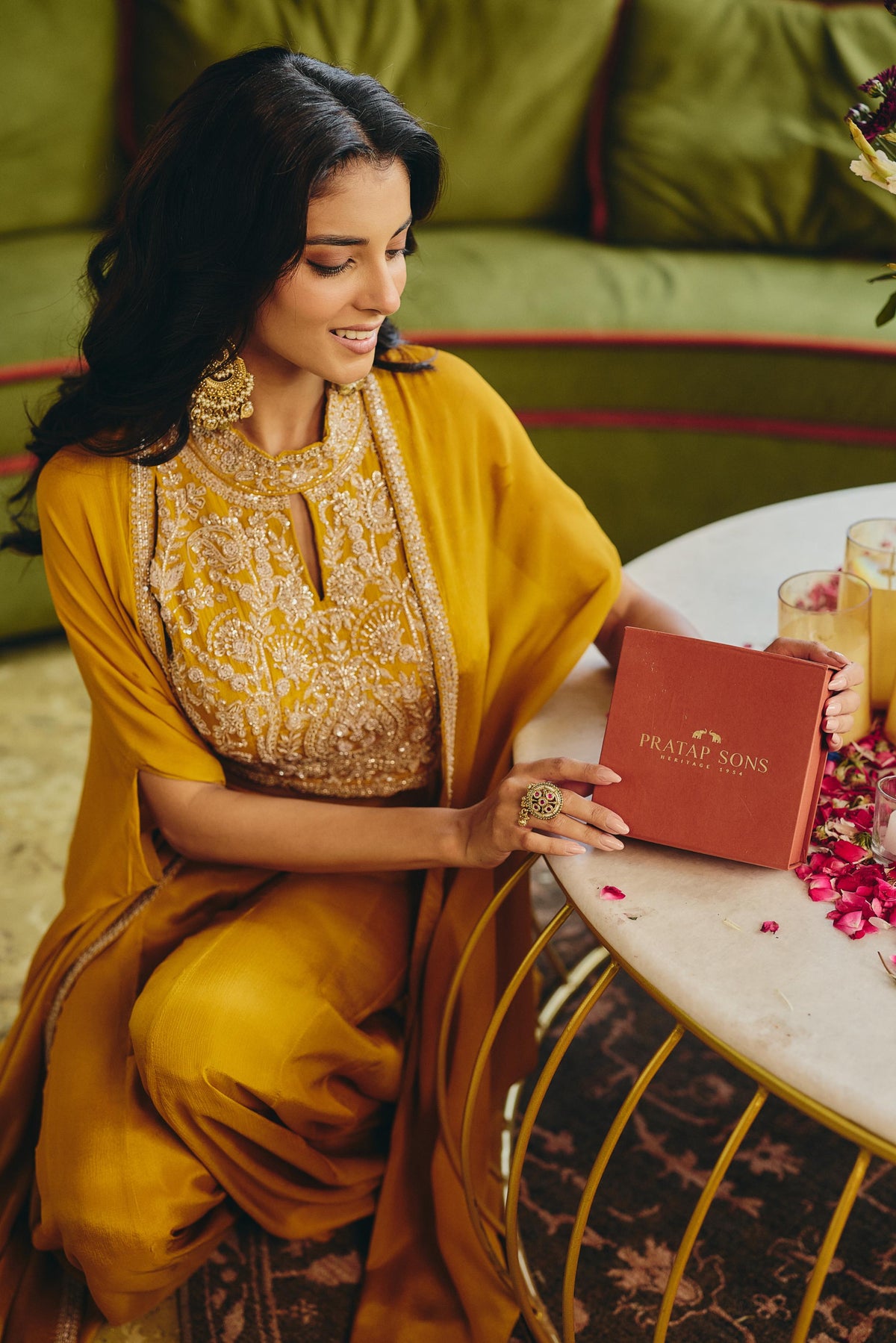 Mustard Yellow Embellished Chinon Silk Palazzo Set