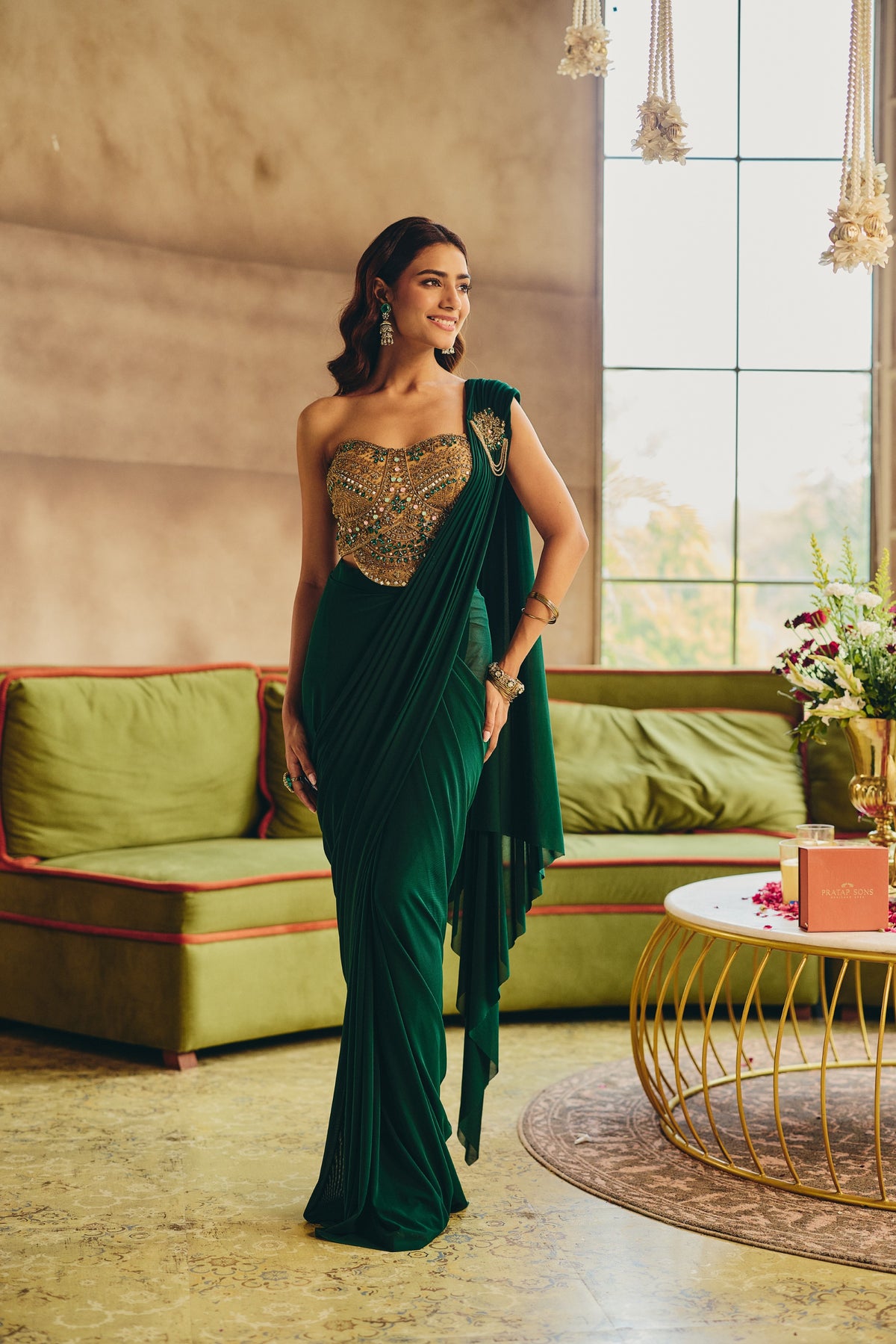 Emerald Green Embellished Tencel Lycra Silk Draped Saree
