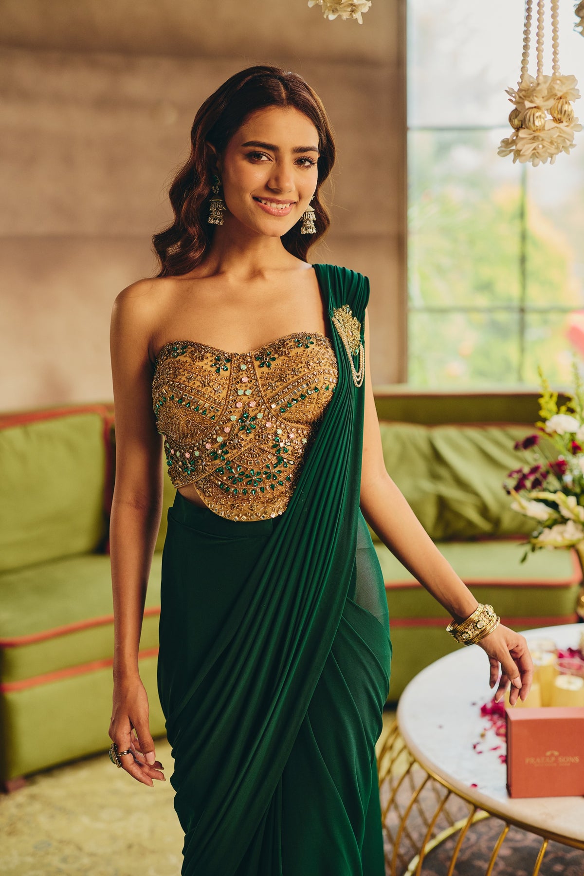 Emerald Green Embellished Tencel Lycra Silk Draped Saree