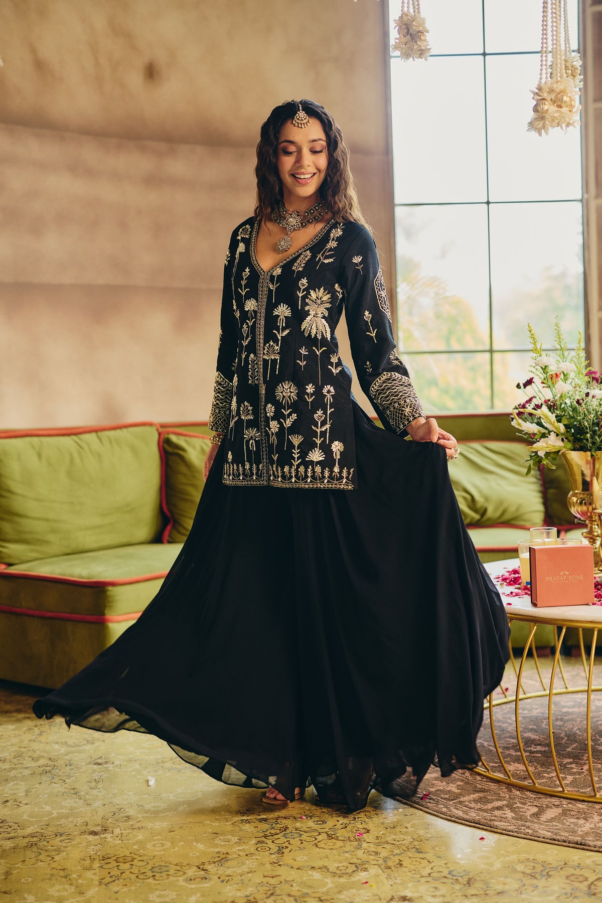 Majestic Black Embellished Raw Silk Palazzo Set