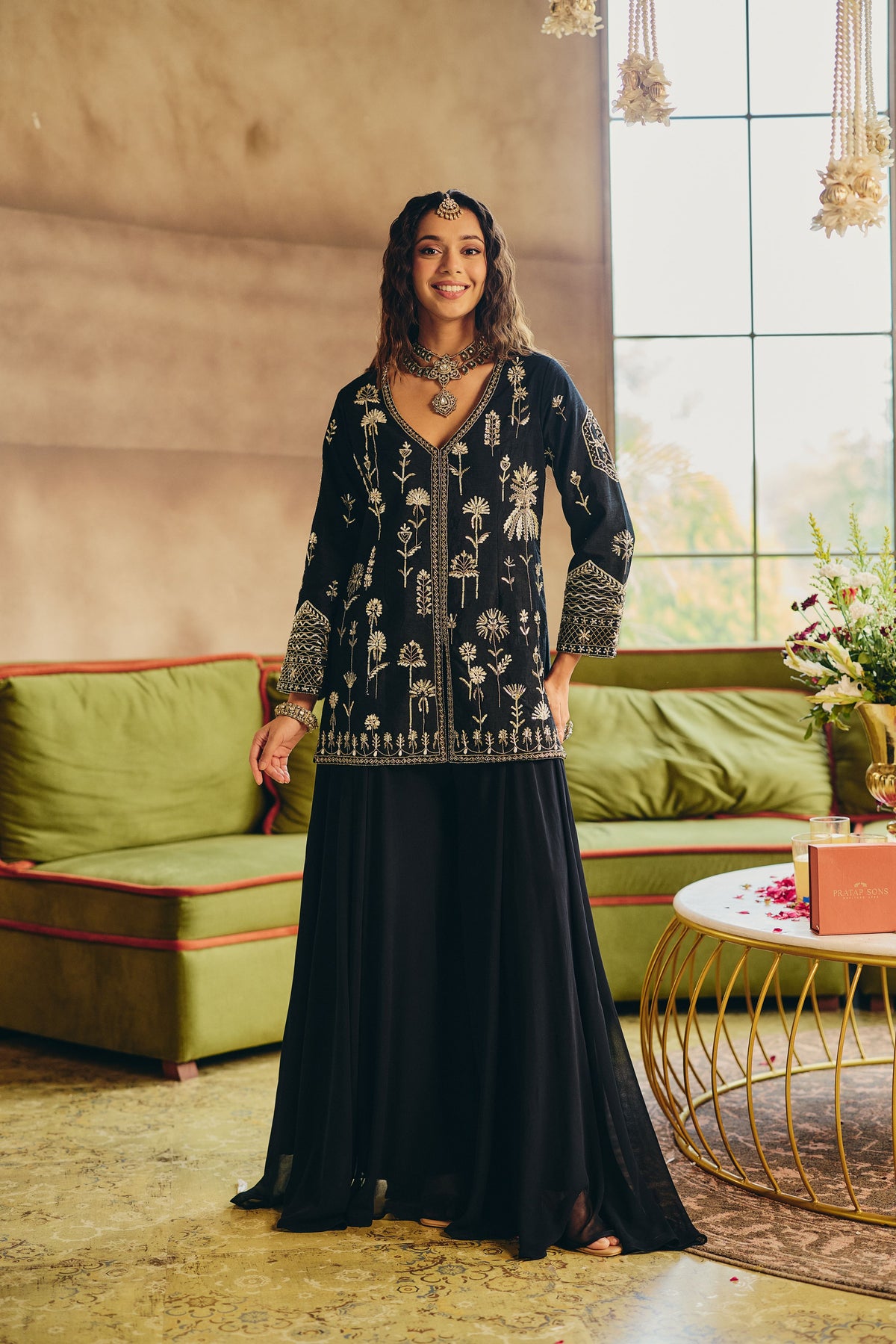 Majestic Black Embellished Raw Silk Palazzo Set
