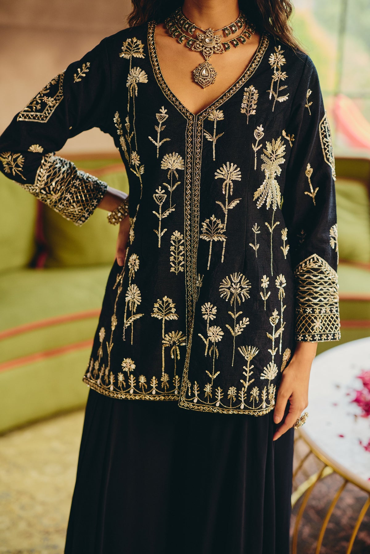 Majestic Black Embellished Raw Silk Palazzo Set