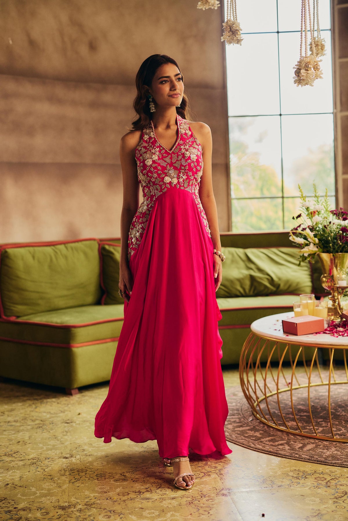 Magenta Rose Embellished Crepe Silk Dress