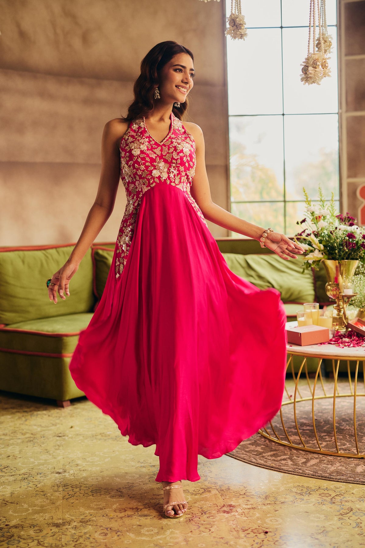 Magenta Rose Embellished Crepe Silk Dress