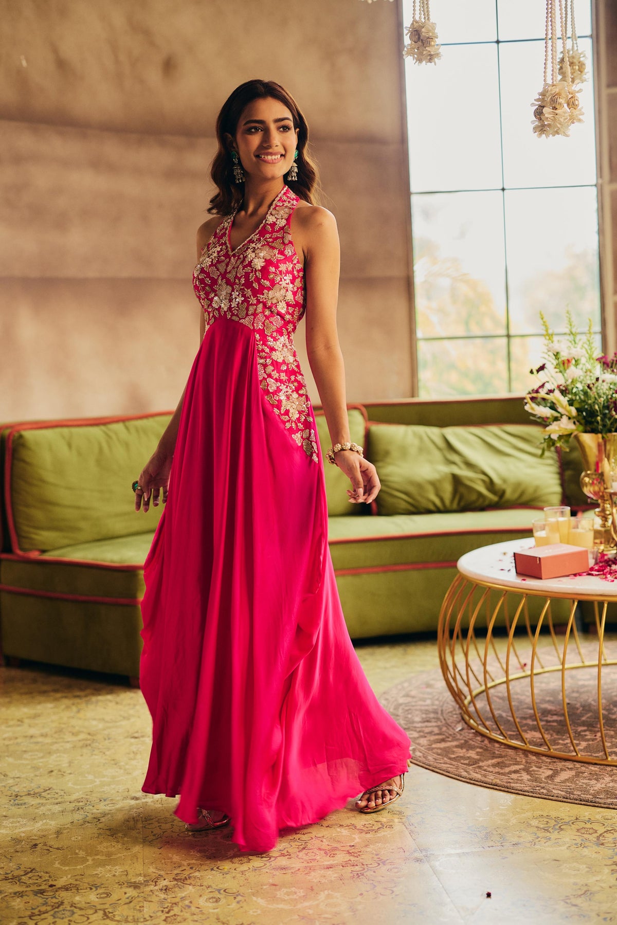 Magenta Rose Embellished Crepe Silk Dress