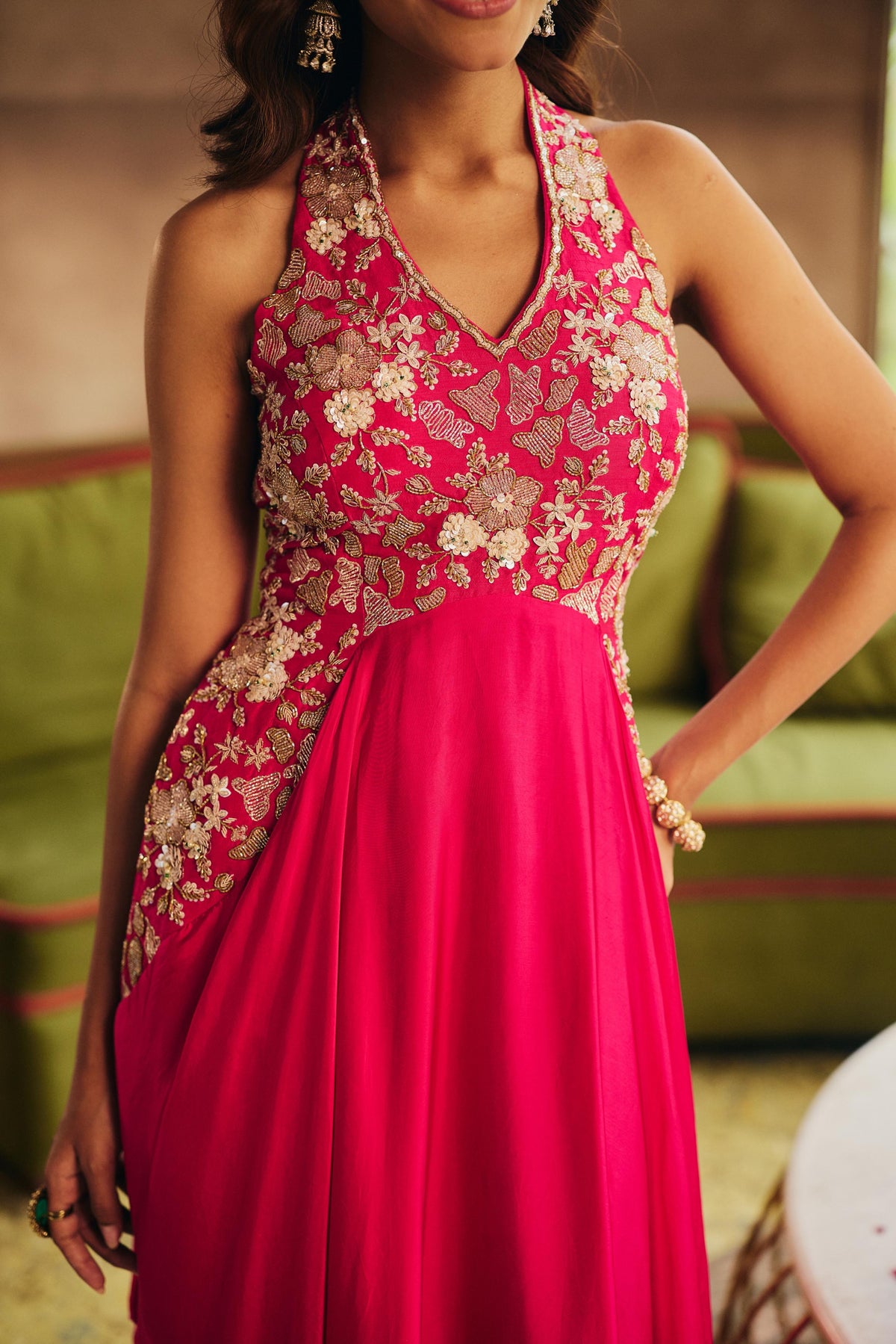 Magenta Rose Embellished Crepe Silk Dress