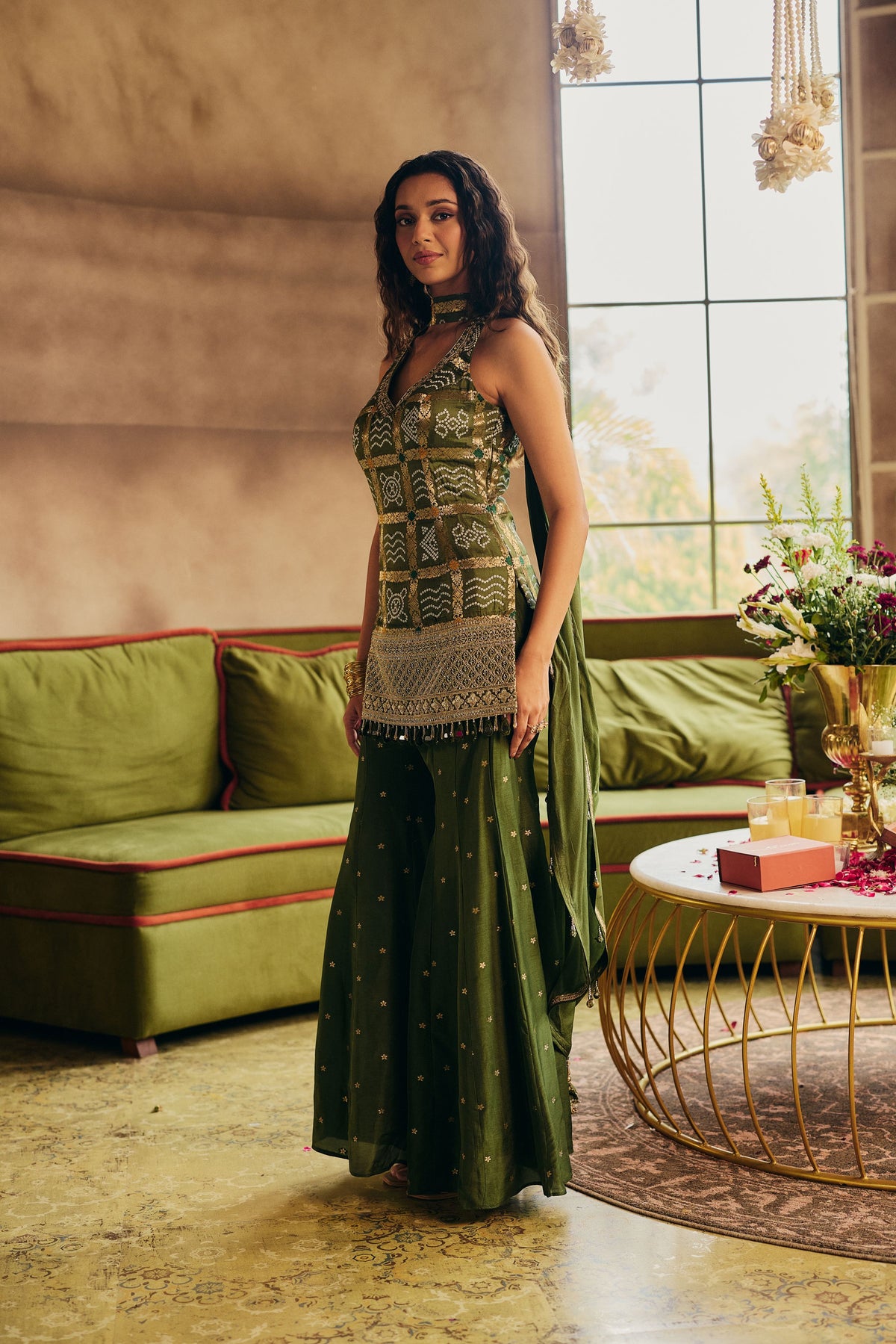 Chic Green Embellished Banarasi Brocade Silk Palazzo Set