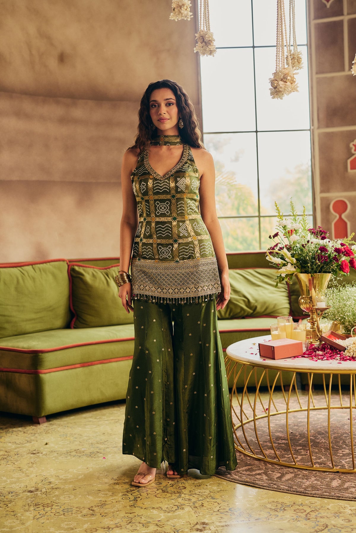 Chic Green Embellished Banarasi Brocade Silk Palazzo Set