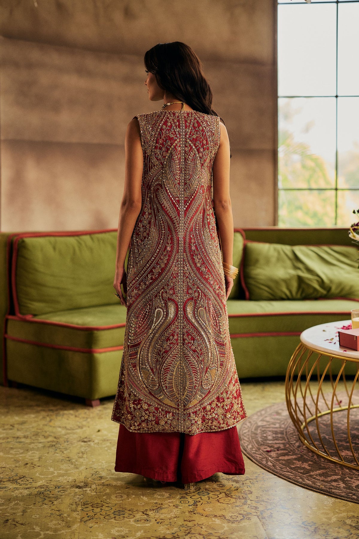 Orange Rust Embellished Raw Silk Palazzo Set