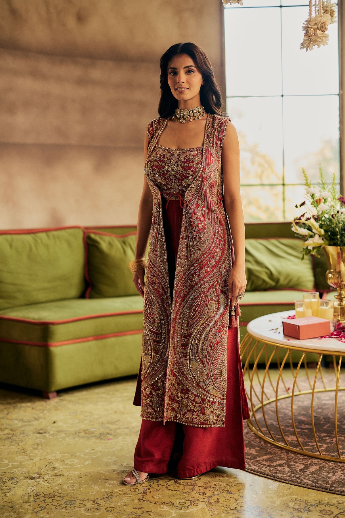 Orange Rust Embellished Raw Silk Palazzo Set