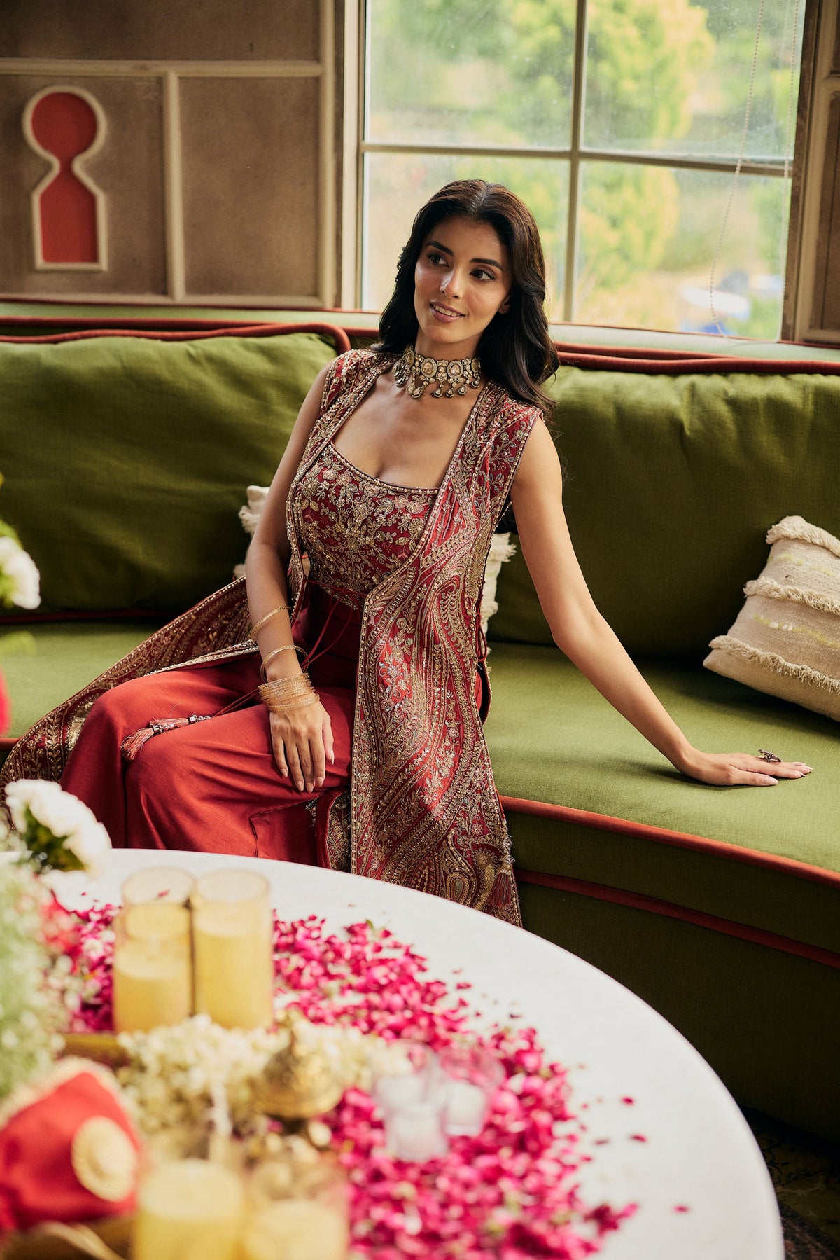 Orange Rust Embellished Raw Silk Palazzo Set