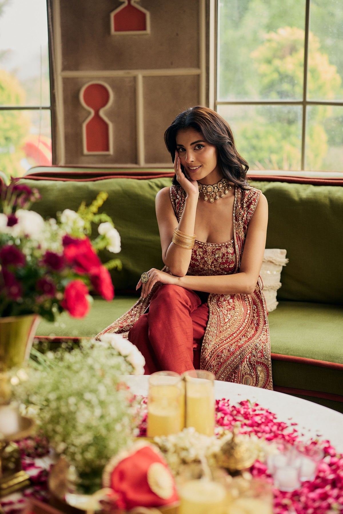 Orange Rust Embellished Raw Silk Palazzo Set