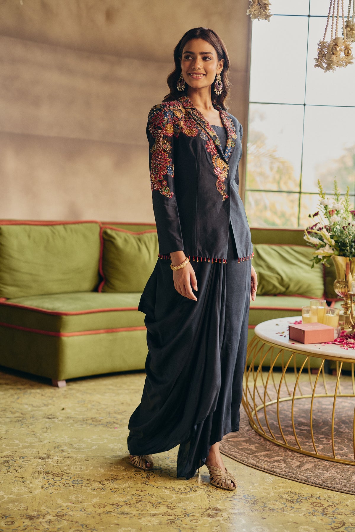 Navy Muse Embellished Raw Silk Skirt Set
