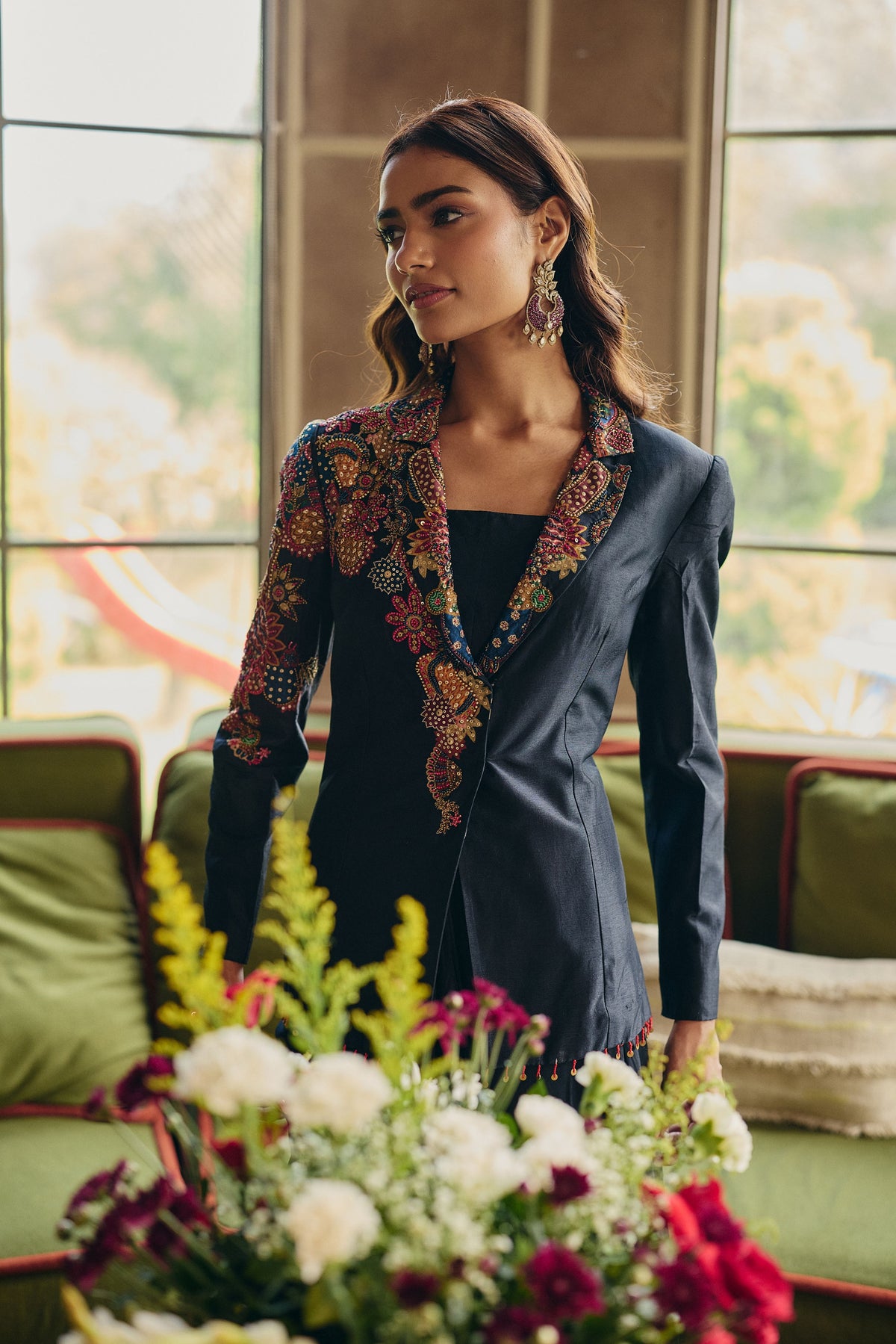 Navy Muse Embellished Raw Silk Skirt Set