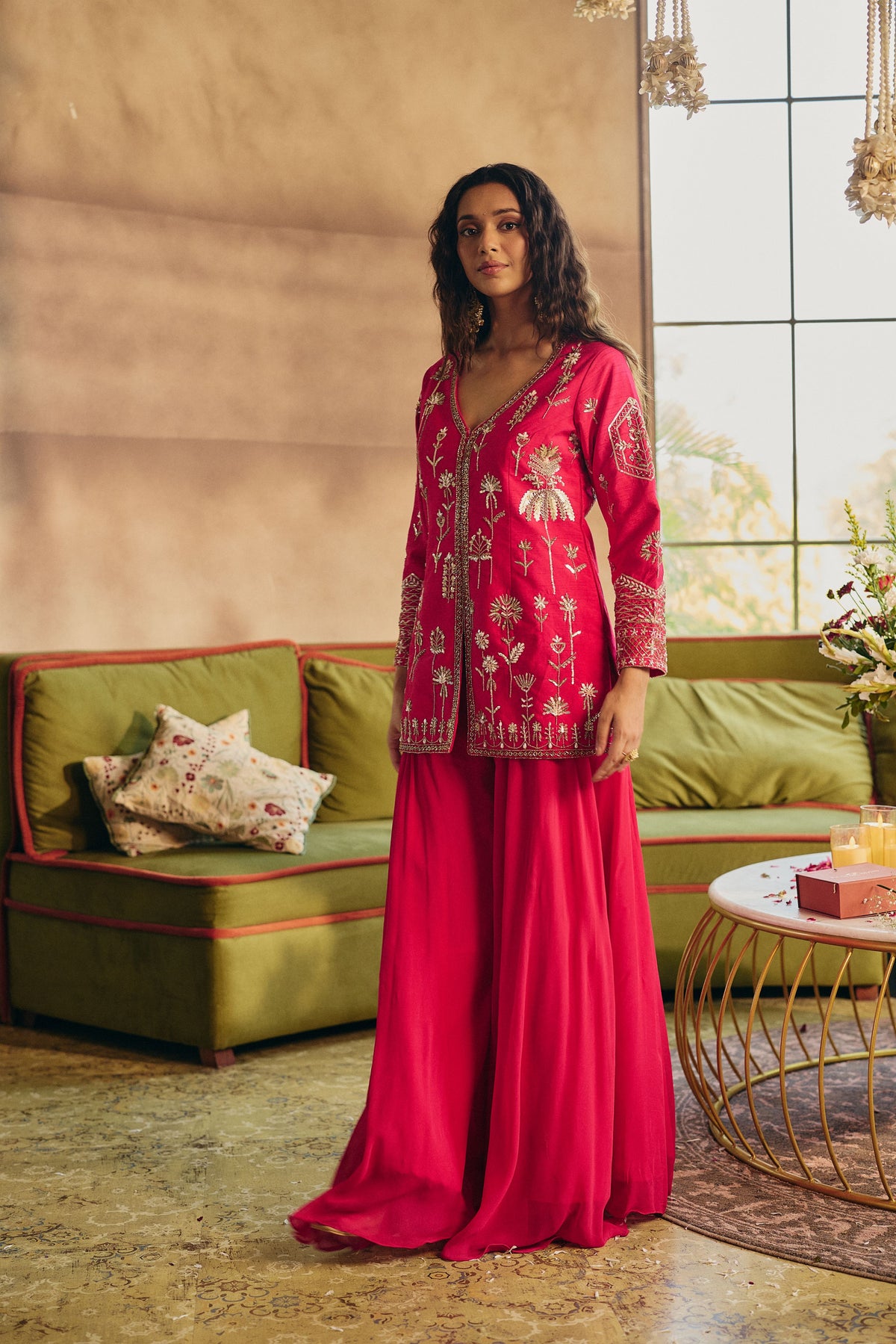 Rani Pink Embellished Raw Silk Palazzo Set