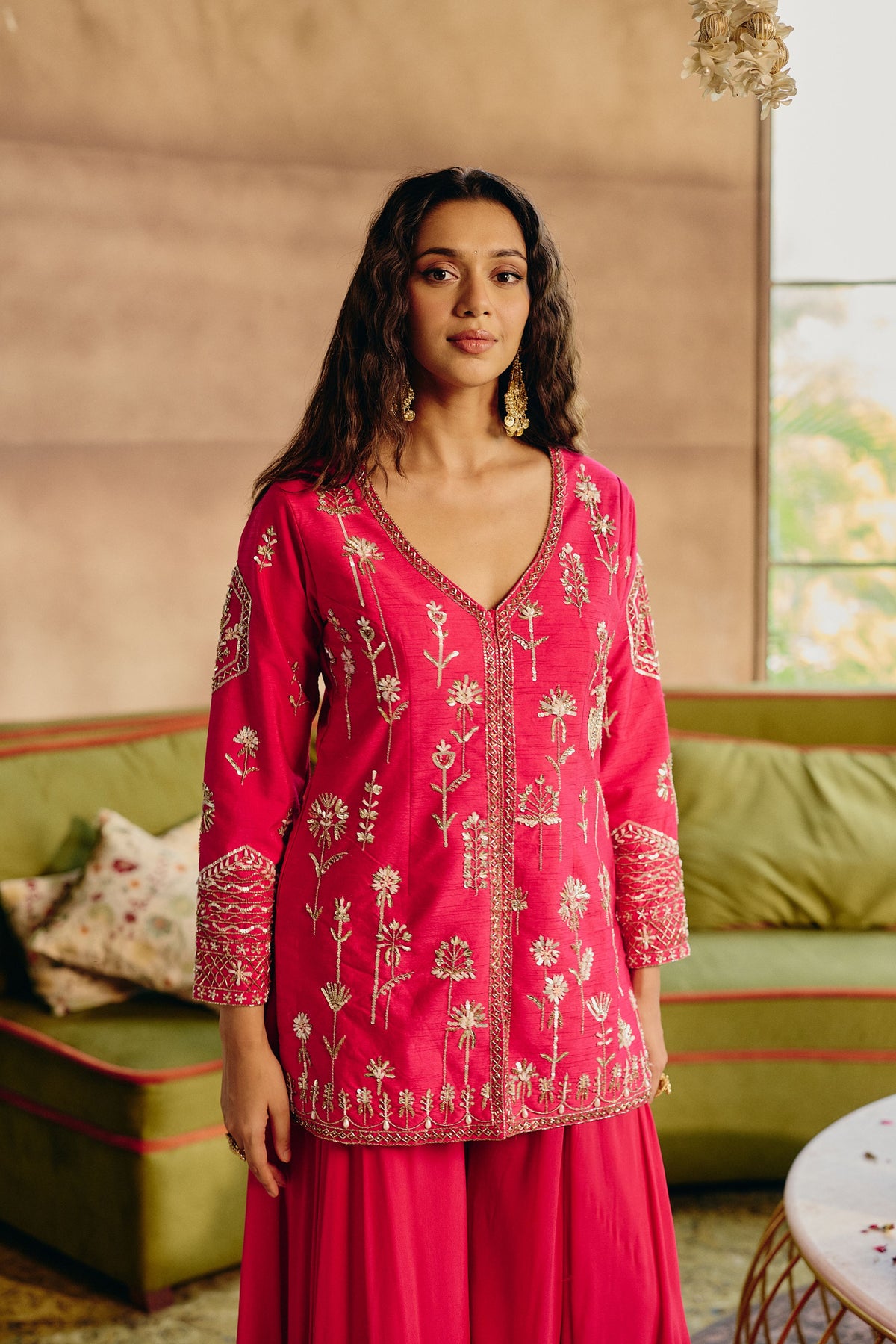 Rani Pink Embellished Raw Silk Palazzo Set