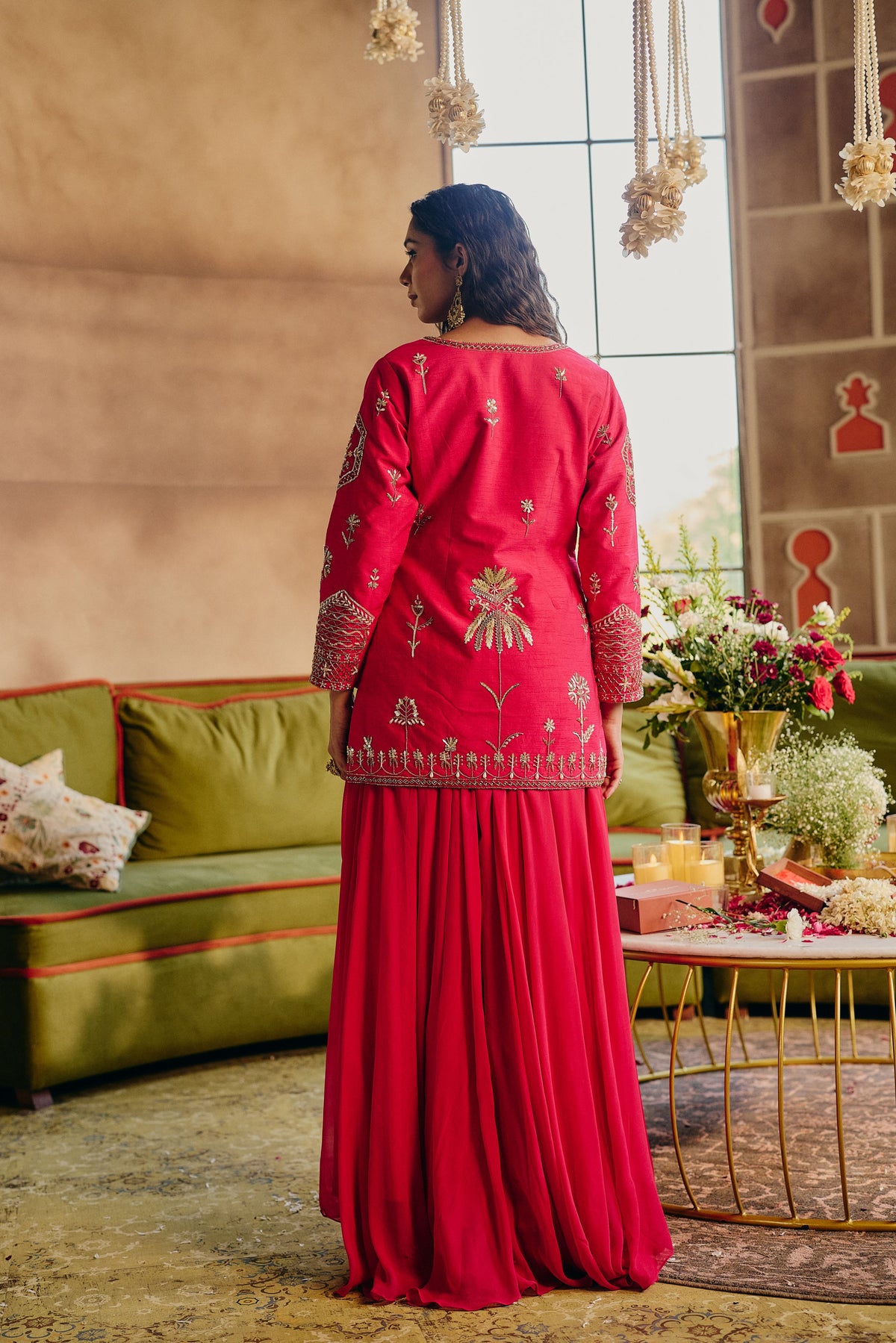 Rani Pink Embellished Raw Silk Palazzo Set