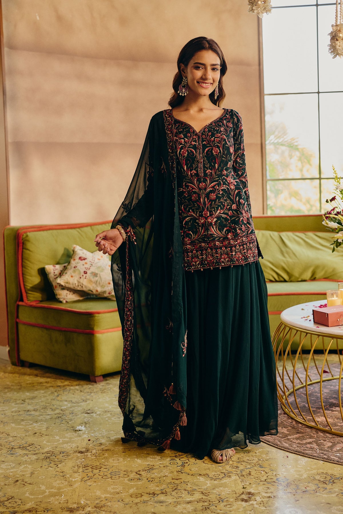 Bottle Green Embellished Georgette Silk Palazzo Set