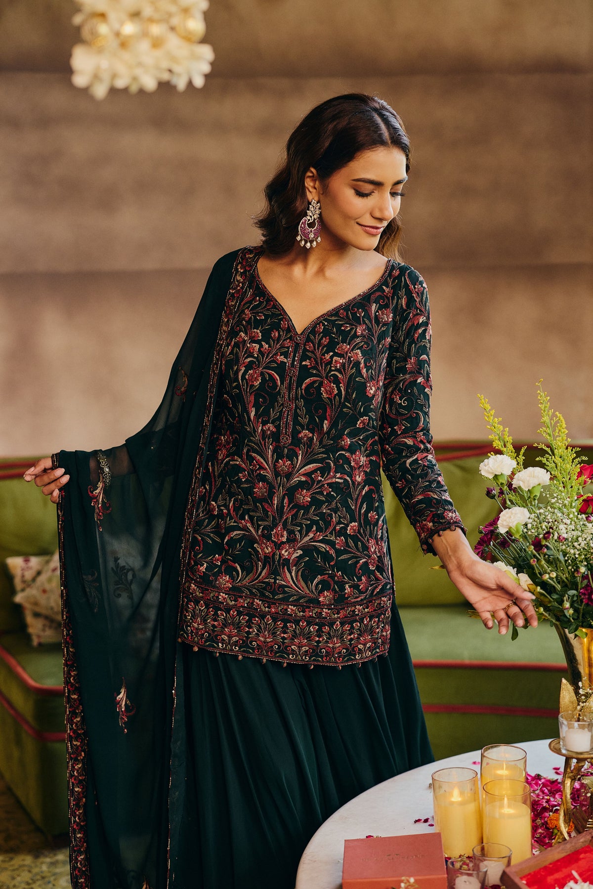 Bottle Green Embellished Georgette Silk Palazzo Set
