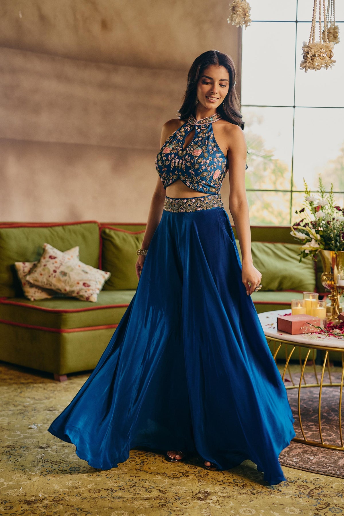 Teal Blue Embellished Crepe Silk Palazzo Set