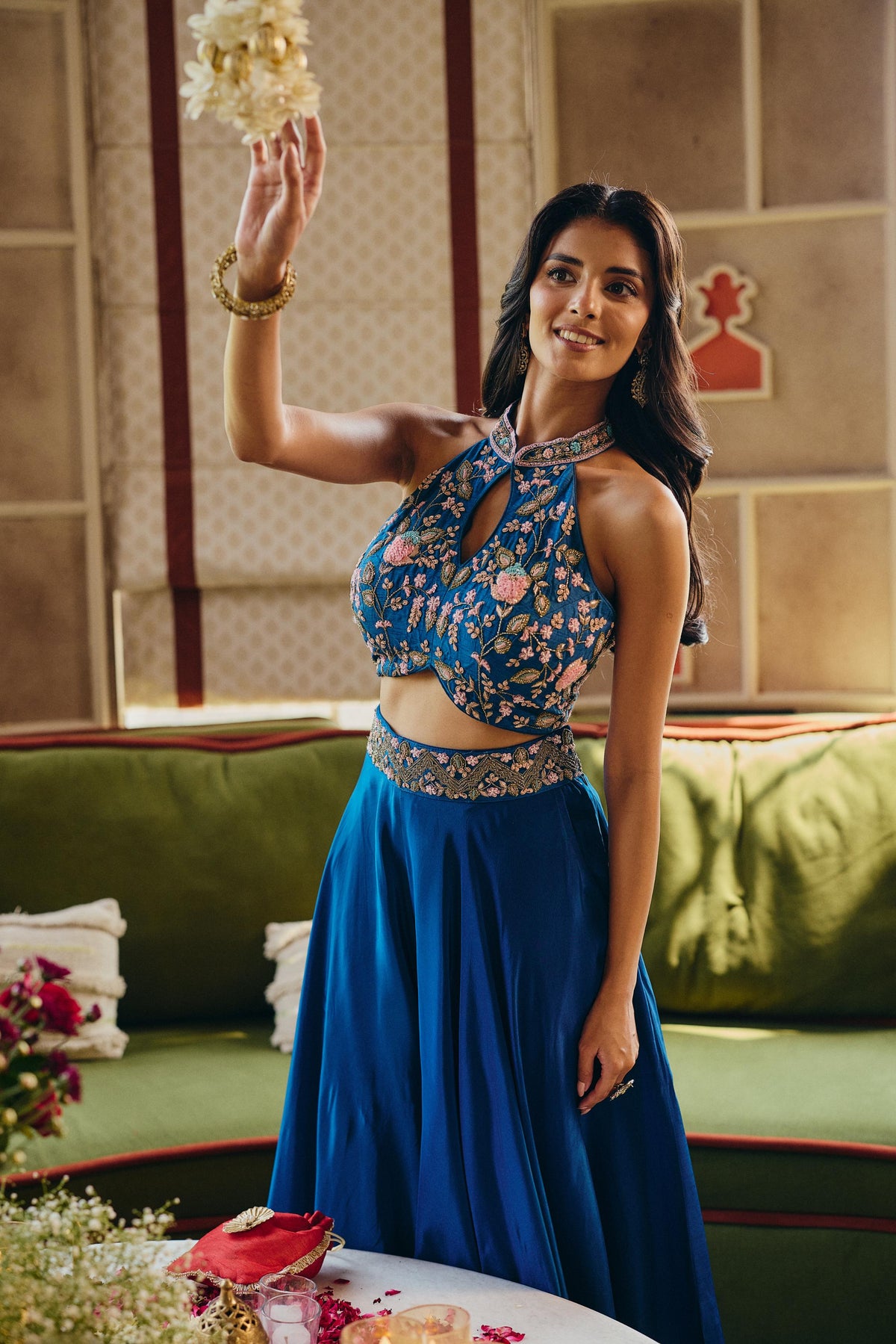 Teal Blue Embellished Crepe Silk Palazzo Set