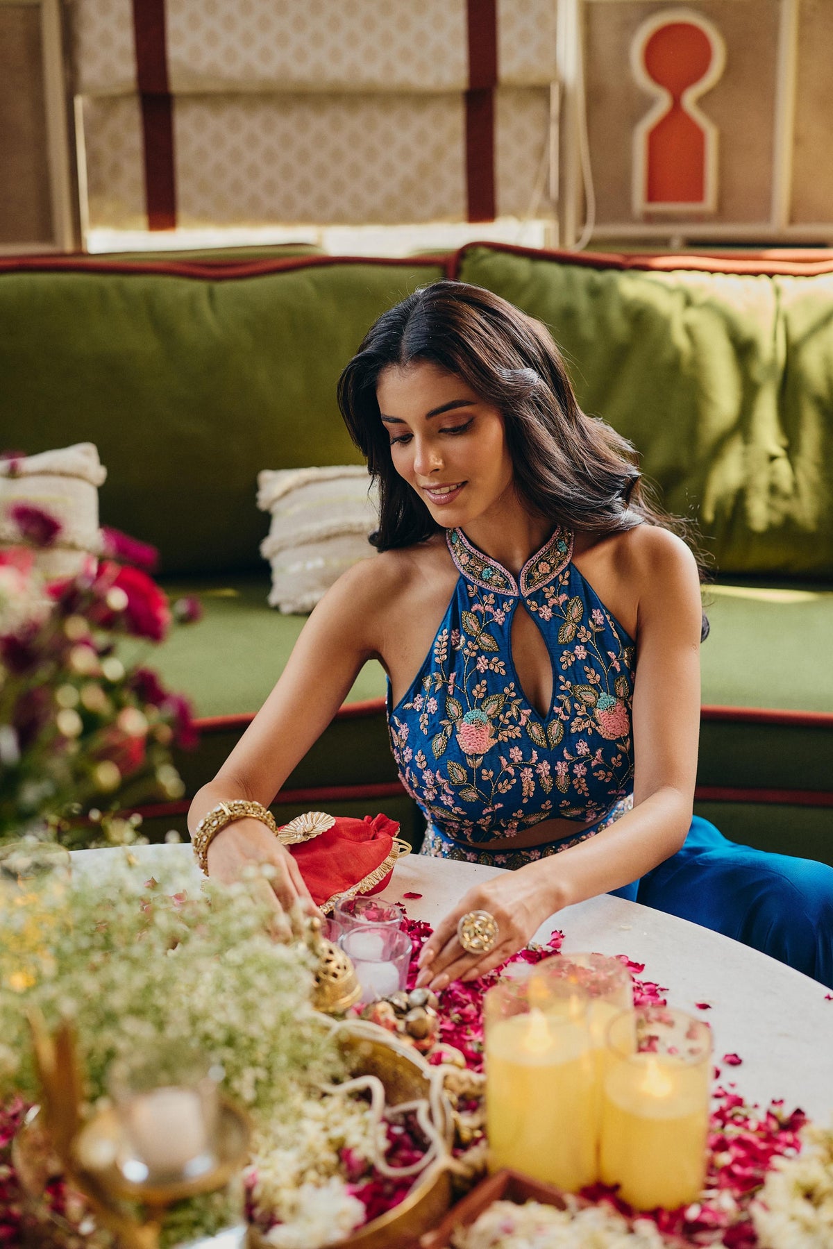 Teal Blue Embellished Crepe Silk Palazzo Set
