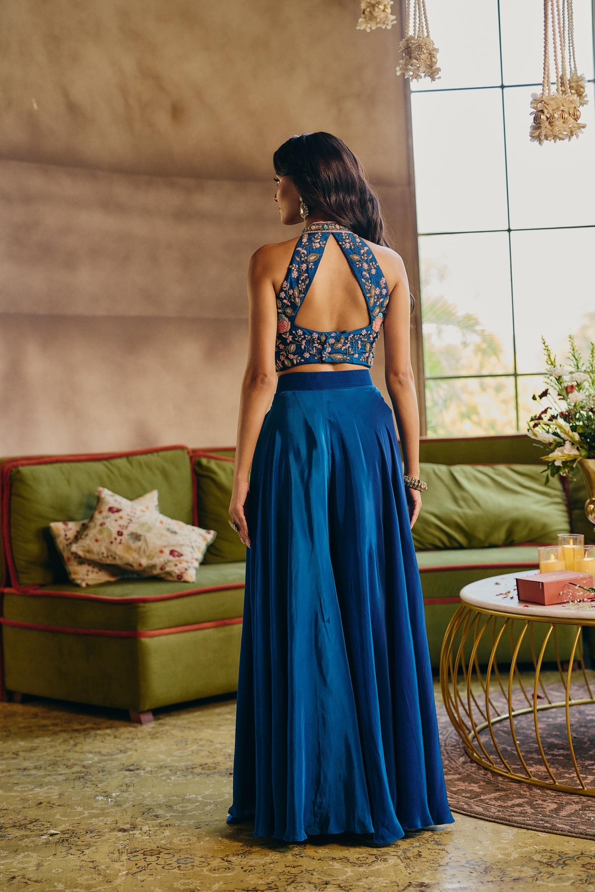 Teal Blue Embellished Crepe Silk Palazzo Set