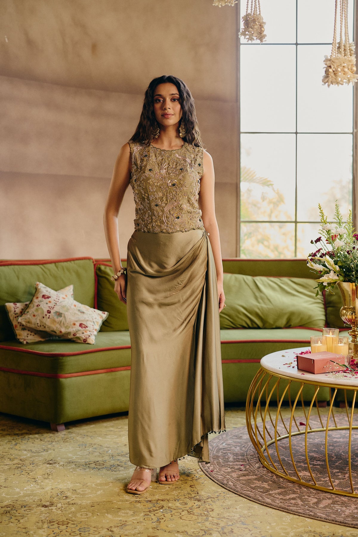 Pastel Sage Embellished Satin Silk Skirt Set