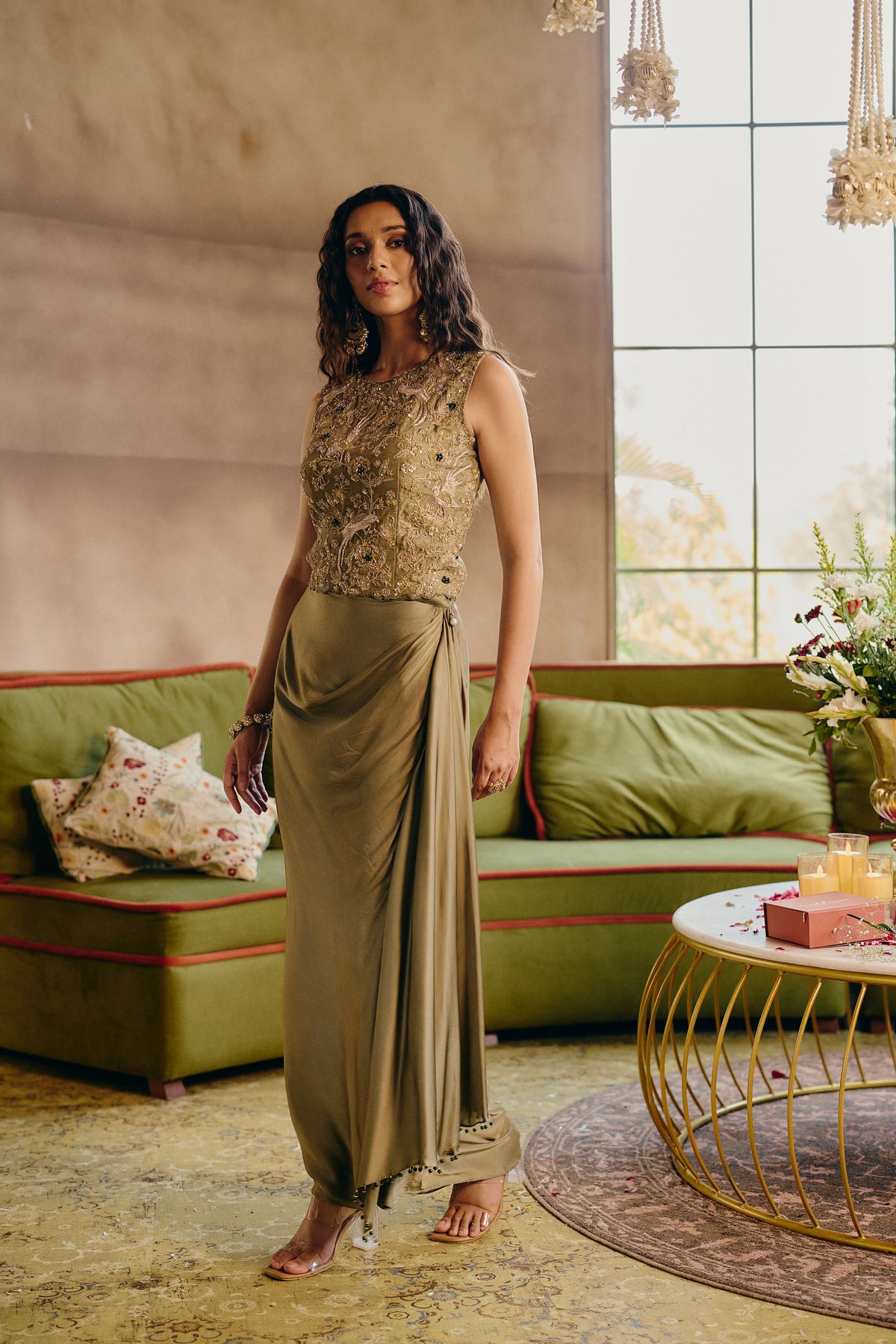 Pastel Sage Embellished Satin Silk Skirt Set