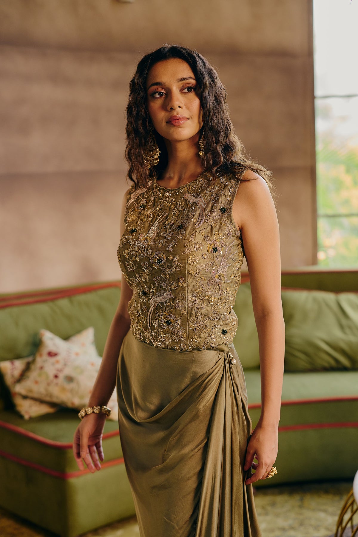 Pastel Sage Embellished Satin Silk Skirt Set