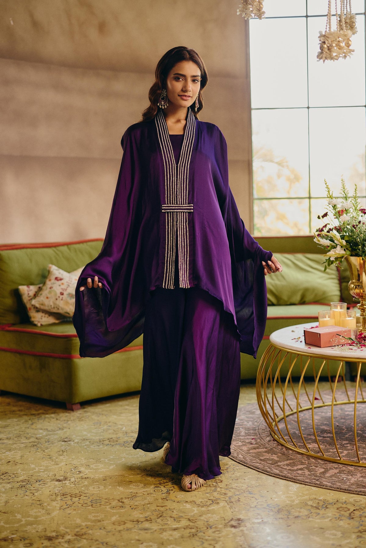Deep Royal Purple Embellished Crepe Silk Kaftan Set