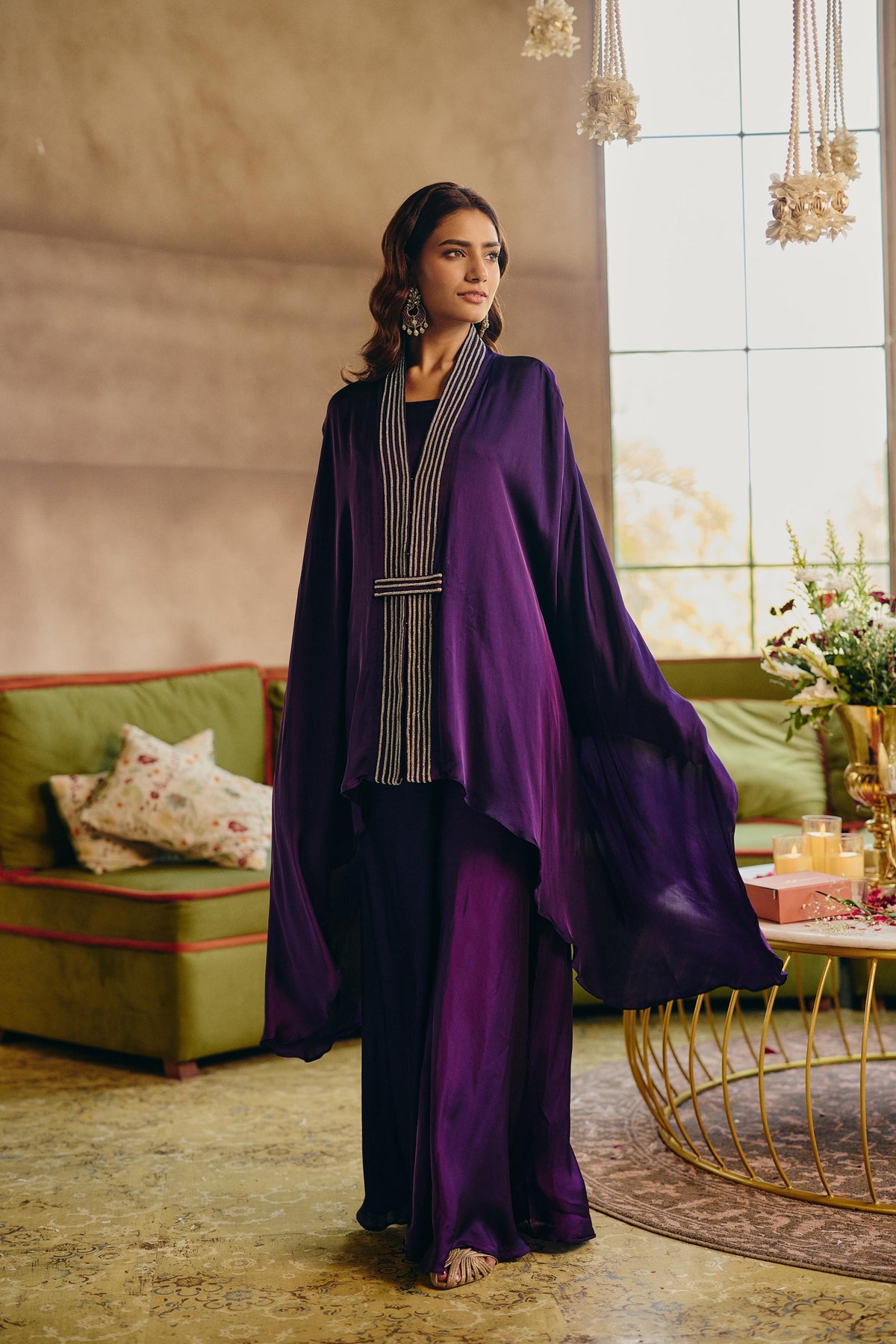 Deep Royal Purple Embellished Crepe Silk Kaftan Set