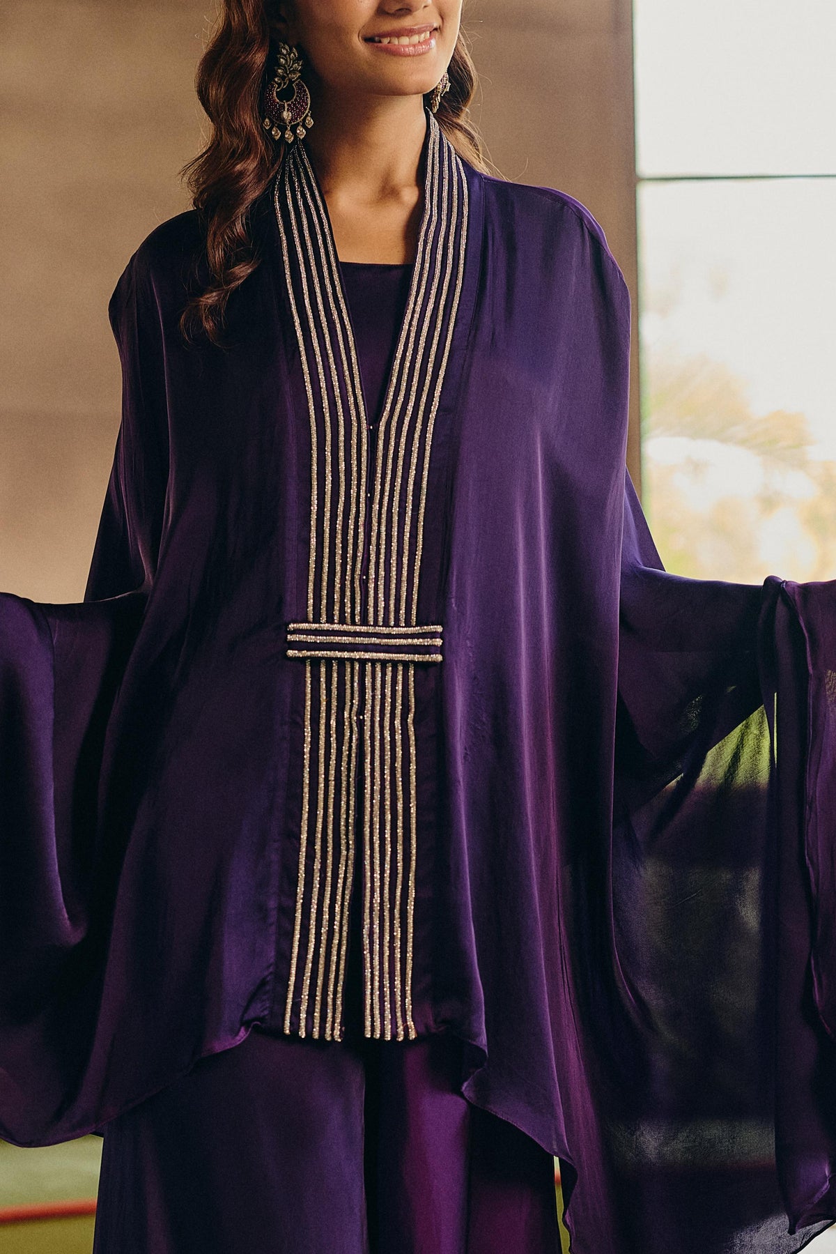 Deep Royal Purple Embellished Crepe Silk Kaftan Set