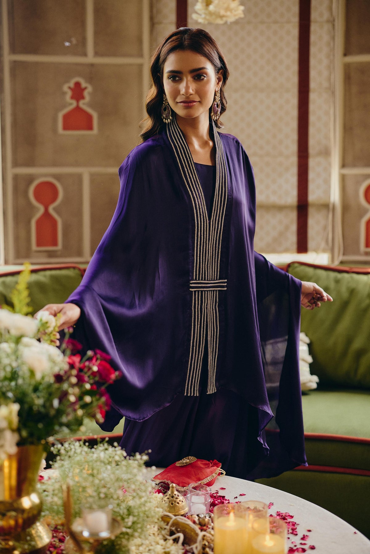 Deep Royal Purple Embellished Crepe Silk Kaftan Set