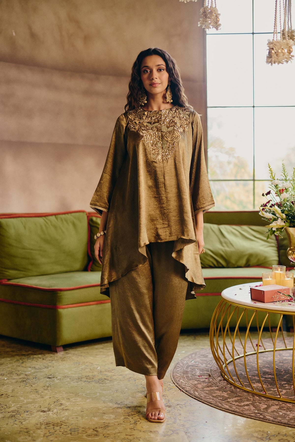 Bronze Olive Embellished Crushed silk Co-Ord Set