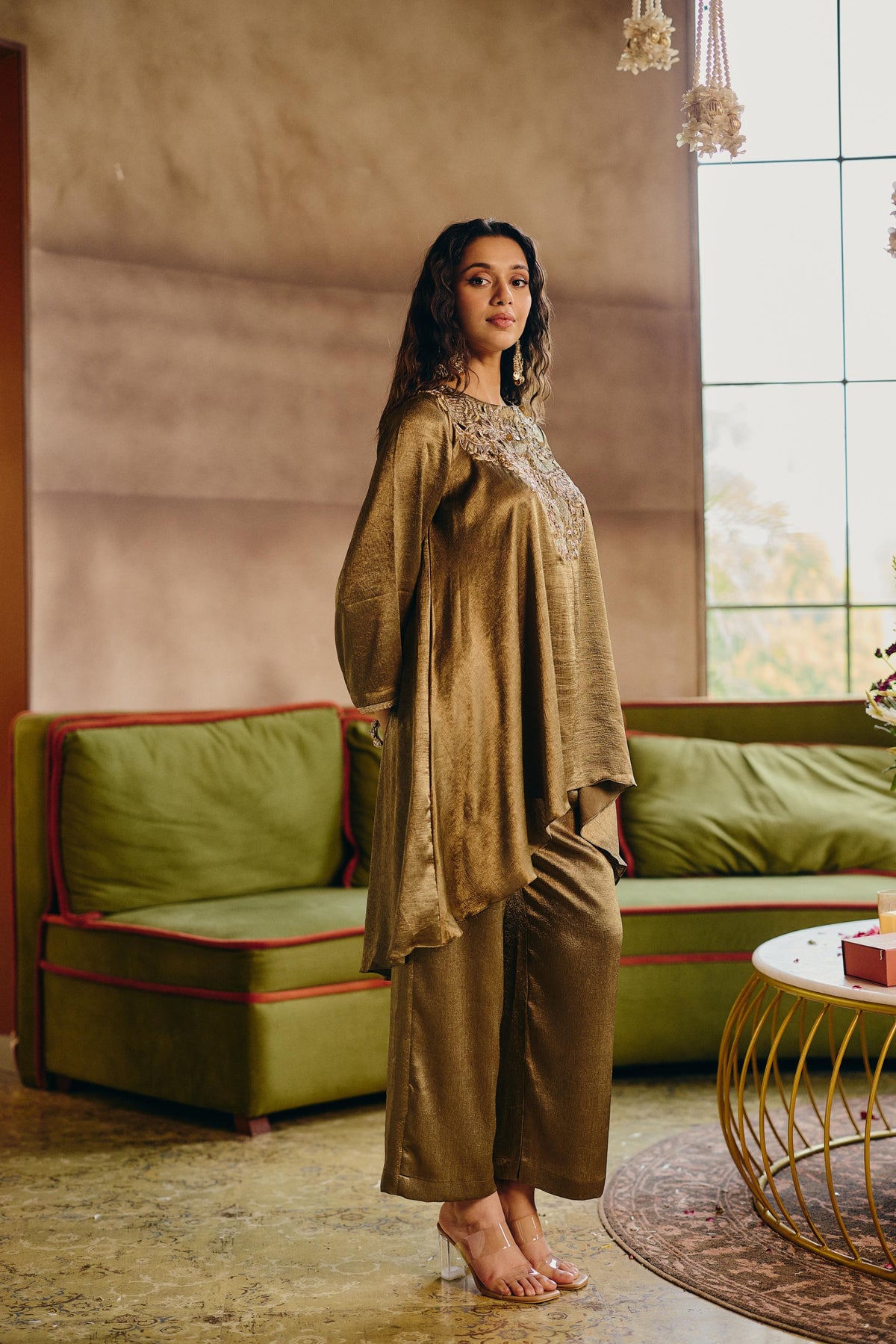 Bronze Olive Embellished Crushed silk Co-Ord Set